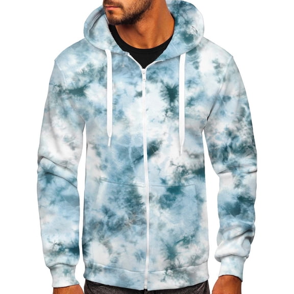 Lilgiuy Men Casual Sports Fitness Sweatshirt Hooded Zipper Gradient Tie-Dye Print Jacket Blue 2022 Fall Winter
