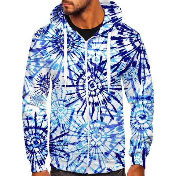 Lilgiuy Men Casual Sports Fitness Sweatshirt Hooded Zipper Gradient Tie-Dye Print Jacket Blue Winter Fashion 2022