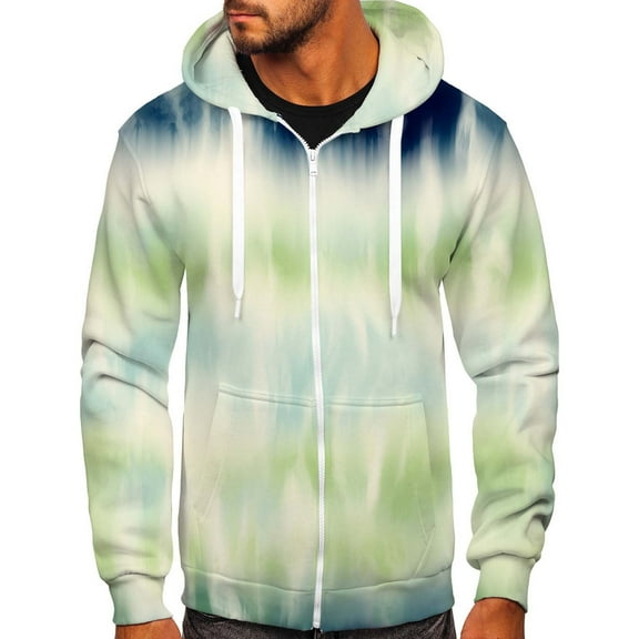 Lilgiuy Men Casual Sports Fitness Sweatshirt Hooded Zipper Gradient Tie-Dye Print Jacket Green 2022 Fall Winter