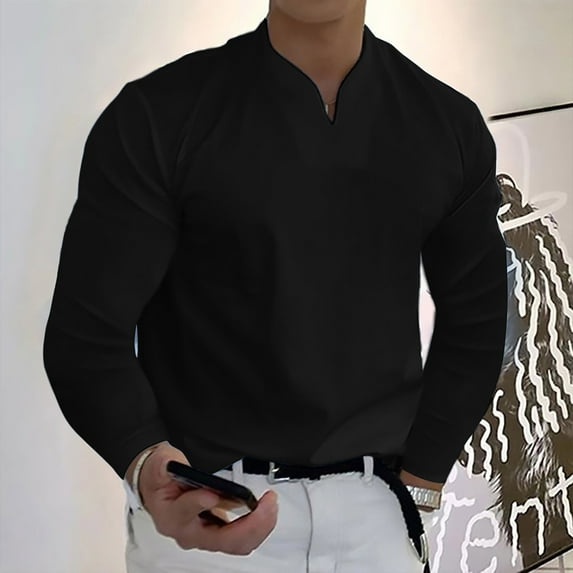 Lilgiuy Men Fashion Casual Shirt Solid Color Long Sleeve V-Neck Pullover Blouse Tops Regular Fit