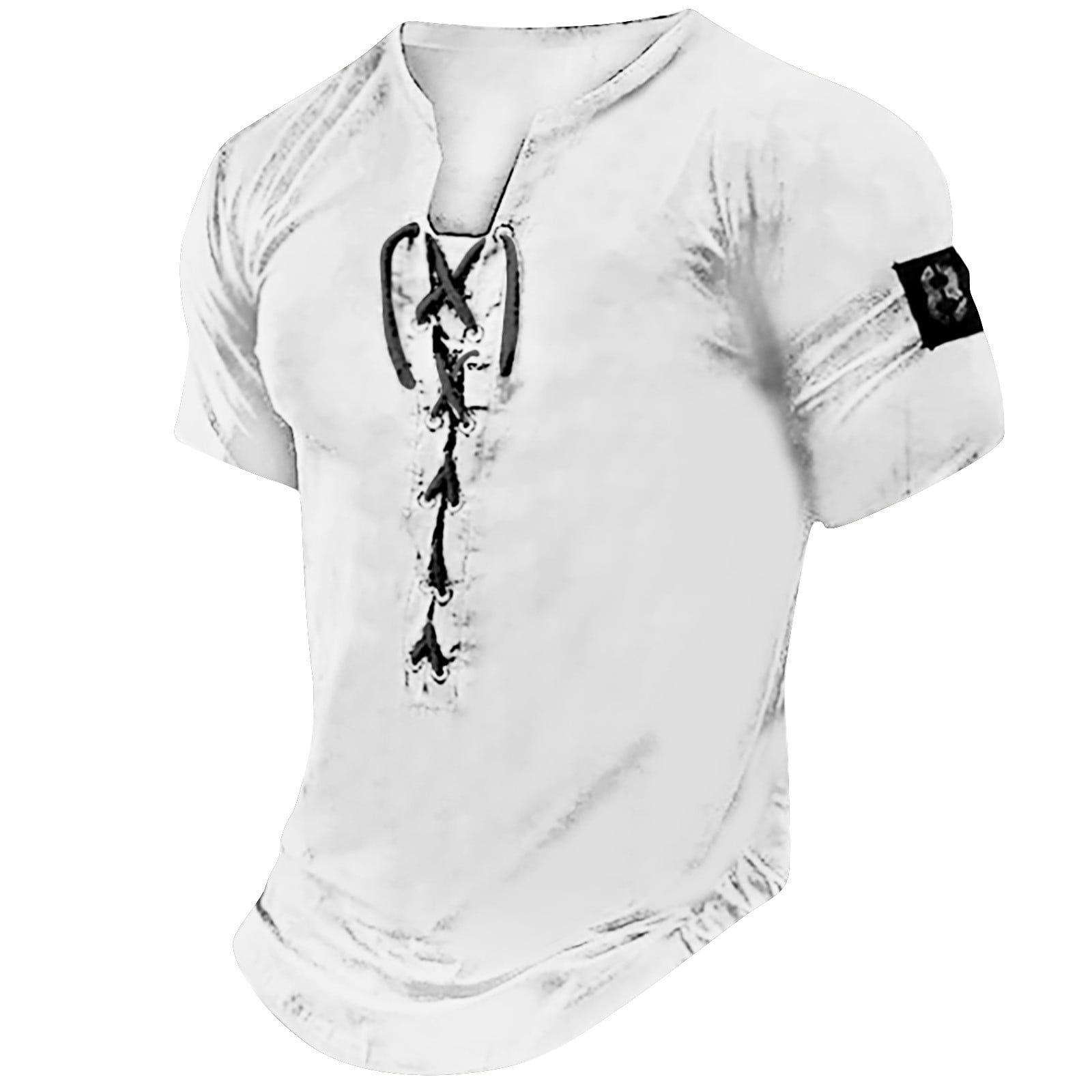 Lilgiuy Men Lace Up V Neck Shirts Short Sleeve Bohemian Hippie Renaissance Medieval Summer Mens Vintage Pullover Shirt for Beach Vacation Travel(White,M)