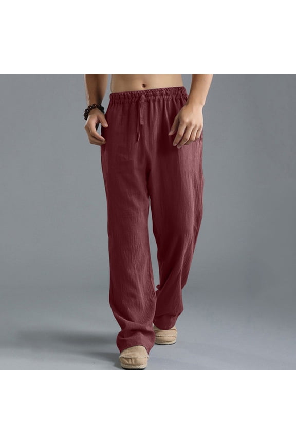 Men Solid Casual Elastic Waistband Pocket Cotton Linen Panel Trousers Pants Fall Fashion for 2022 Spring Winter