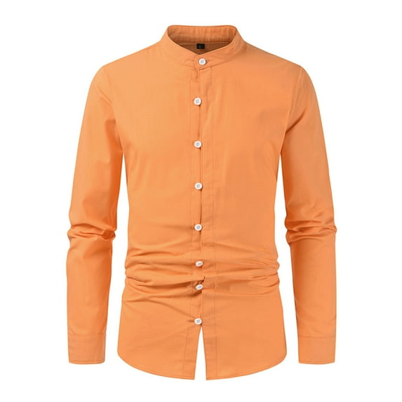 Lilgiuy Men Solid Casual Stand Collar Pocket Button Long Sleeve Shirt Blouse Performance Workout Muscle Cut Tee