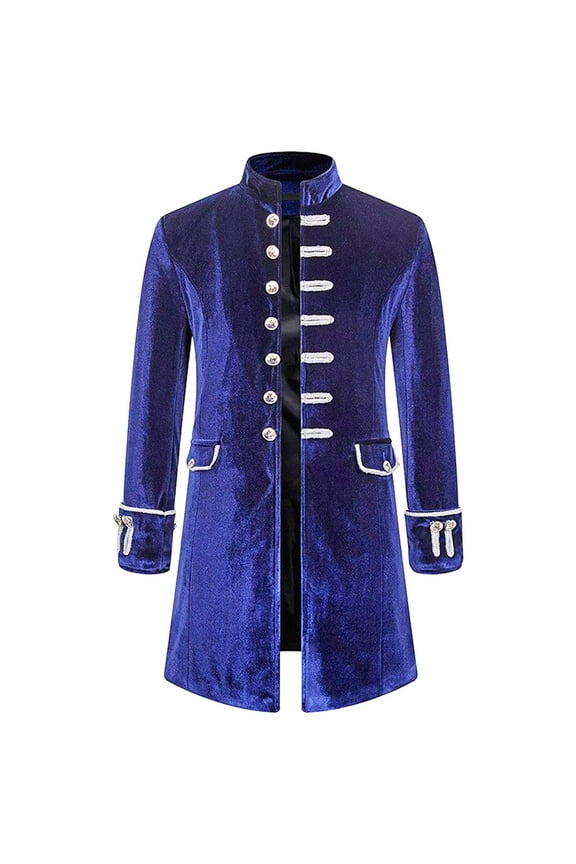 Men Solid Long Sleeve Steampunk Vintage Velvet Uniform Stand Collar Cardigan Jacket Blue 2022 Fall Winter