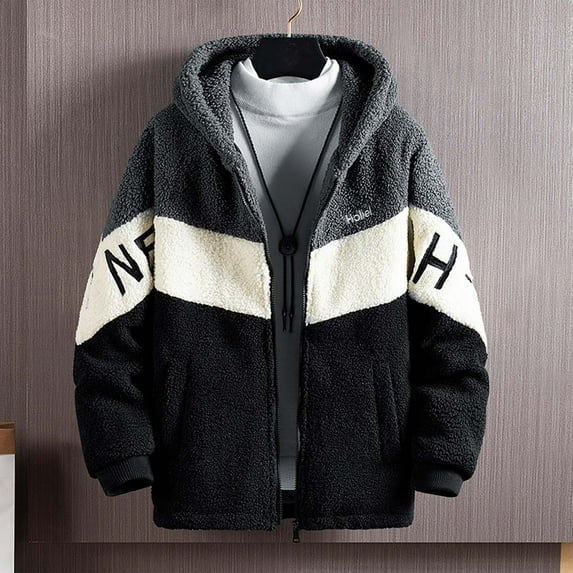 Lilgiuy Men Winter Fitness Jackets Casual Sports Hooded Zipper Letter Print Pocket Tops Patchwork Jacket Coat