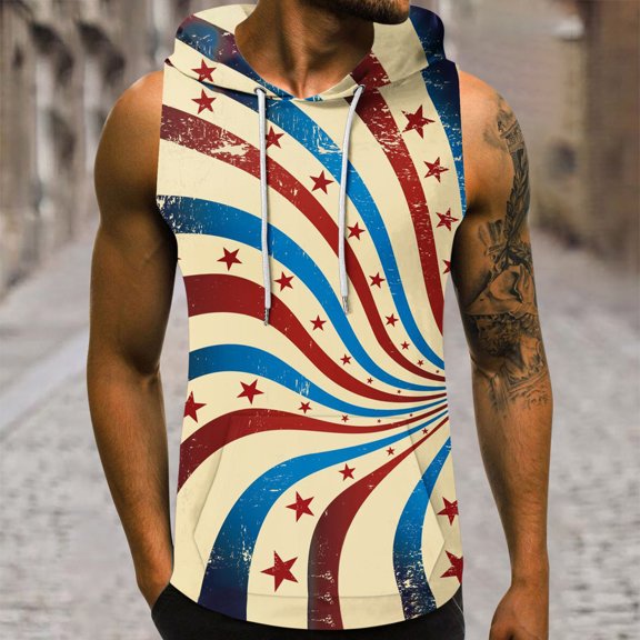 Lilgiuy Men's 4th of July Hooded Tank Top 3D Non Positioning Printing Sleeveless Head Drawstring Pocket Tank Top Casual T-shirt Top Blouse for Cruises(Khaki,M)