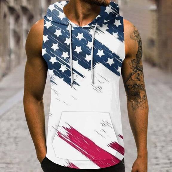Lilgiuy Men's 4th of July Hooded Tank Top 3D Non Positioning Printing Sleeveless Head Drawstring Pocket Tank Top Casual T-shirt Top Blouse Outwear(White,S)