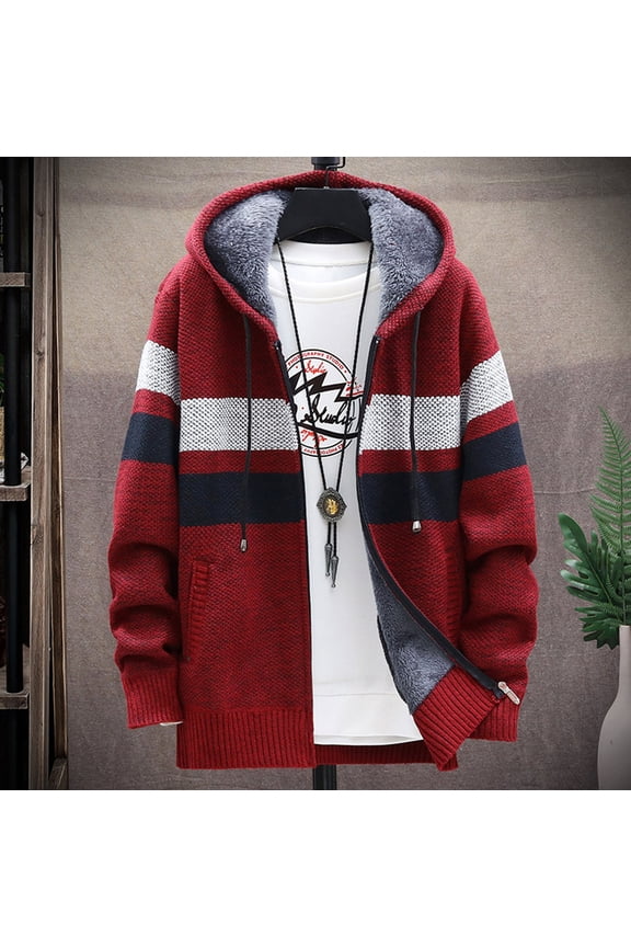 Men's Cardigan Sweater Padded Lined Casual Block Color Long Sleeve Knitting Hooded Zipper Sweater with Pockets for Sailing Fishing Camping