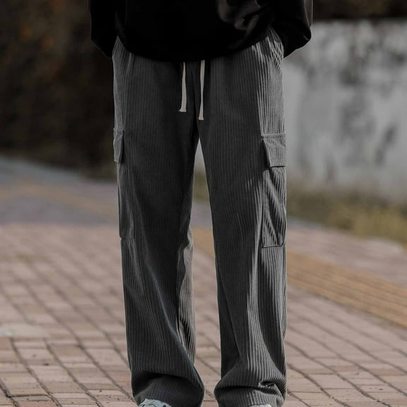 Lilgiuy Men's Cargo Pants Casual Drawstring Straight Barrel Trousers Carry Pockets Cotton Wool Fitness Pants for Outdoor Wear