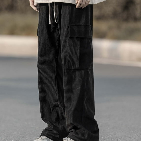 Lilgiuy Men's Cargo Pants Casual Drawstring Straight Barrel Trousers Carry Pockets Cotton Wool Fitness Pants for Outdoor Wear