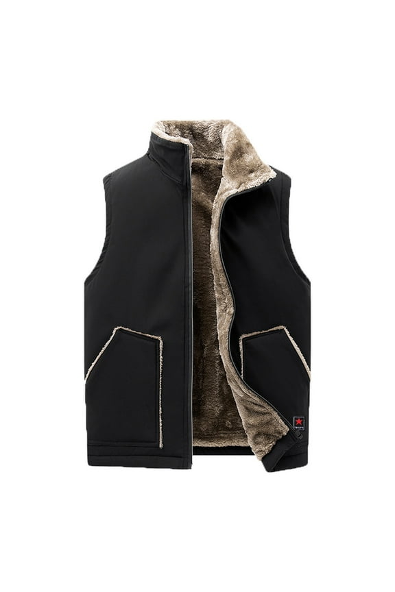 Men's Casual Fleece Vest Winter Solid Color Zipper Stand Collar Sleeveless Padded Vest Coat with Pockets Black
