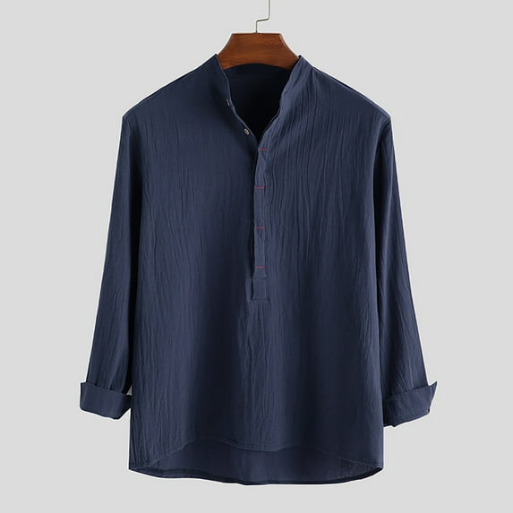 Lilgiuy Men's Cotton Linen Shirt Long Sleeved Standing Collar Button Up Shirt Fashionable Casual Shirt Top Blouse Regular Fit
