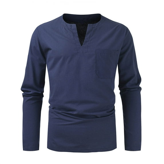 Lilgiuy Men's Cotton Linen Shirt Solid Long Sleeved V-neck Pocket Fashion Casual Shirt Top/shirt Blouse Creative Gift for Dad Father Husband