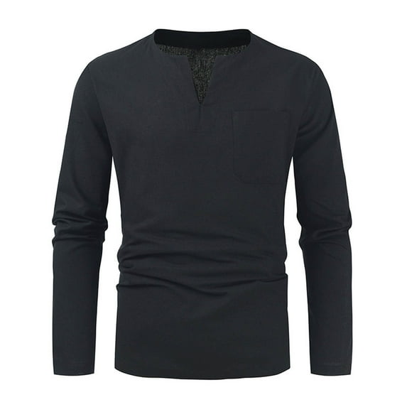 Lilgiuy Men's Cotton Linen Shirt Solid Long Sleeved V-neck Pocket Fashion Casual Shirt Top/shirt Blouse for Gym Workout Jogging Beach