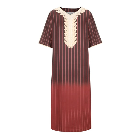 Lilgiuy Men's Ethnic Style Stand Collar Robe V Neck Mid Sleeve Loose Long Shirt Athletic Relax Tee