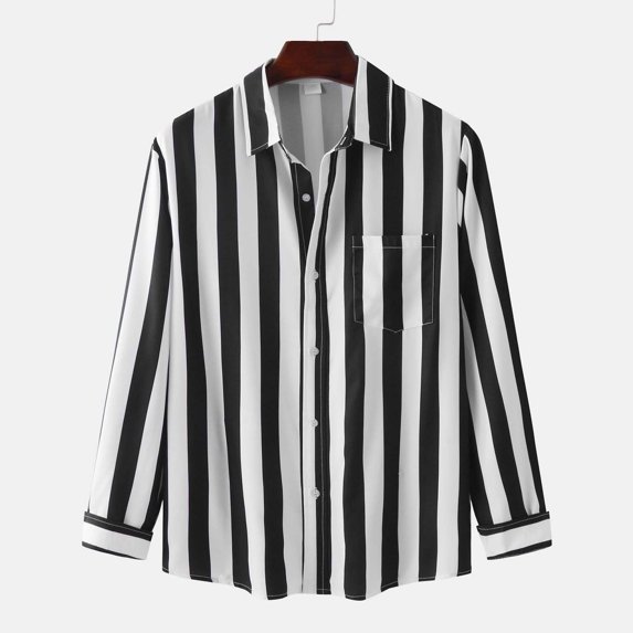 Lilgiuy Men's Fashion Autumn Winter Single Side Pocket Stand Collar Long Sleeve Striped Shirt Top Performance Workout Muscle Cut Tee