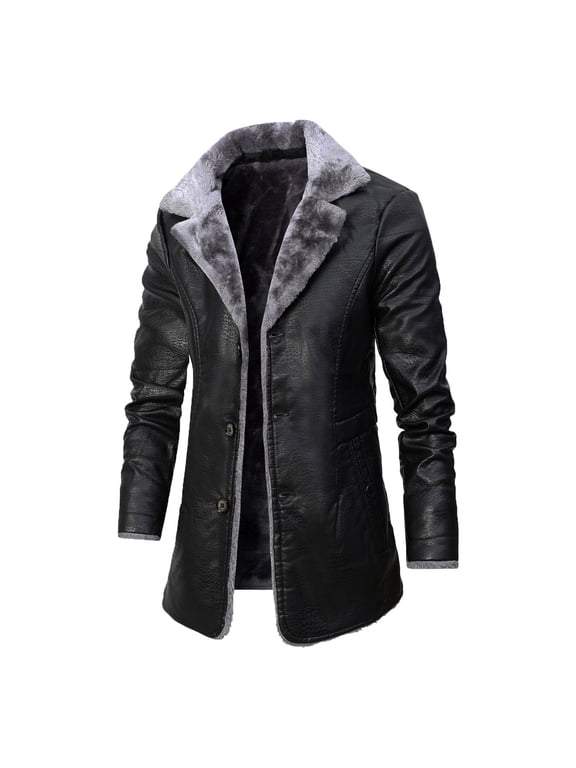 Men's Faux Leather Jacket Fleece Lined Mid-length Trench Coats Heavyweight Button Up Turndown Collar Motorbike Jacket for New Year Christmas