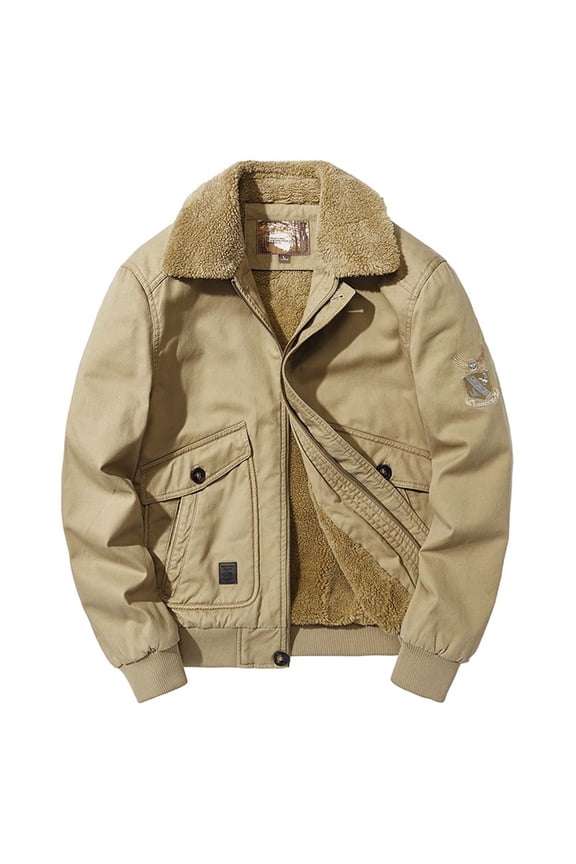 Men's Fleece Washed Cotton Lapel Jacket Men's Loose Work Jacket Khaki Winter Fashion 2022