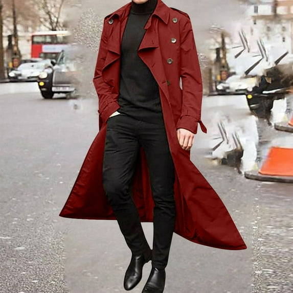 Lilgiuy Men's Full Length Trench Coat Casual Solid Color Color Lapel Collar Long Sleeve Overcoat Winter Warm Windbreaker for Leggings Jeans or Pants