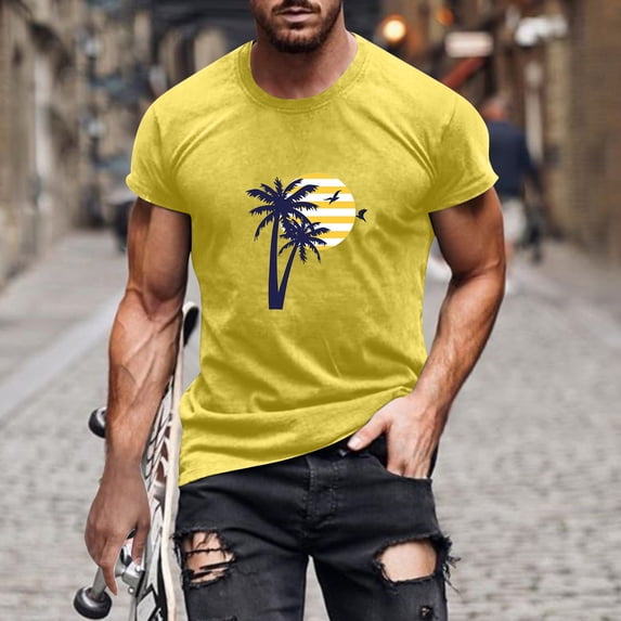 Lilgiuy Men's Fun Hawaiian Shirt Summer Solid Color Short Sleeve Round Neck Tropical Print Shirts Beach Party Holiday Vacation Yellow(M-3Xl)