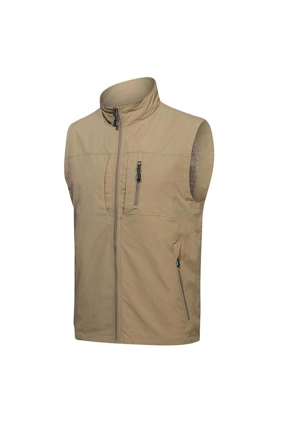 Men's Golf Vest Casual Quick-drying Loose Vest Outerwear with Pockets Sleeveless Jacket for Running Hiking Khaki