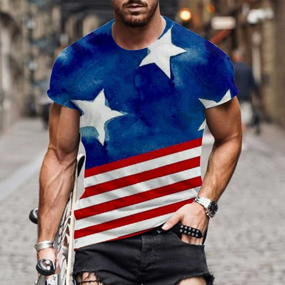 Lilgiuy Men's Graphic Tees Fashion Men Short Sleeve Round-Neck USA Flag Printed Casual T-Shirt Tops Blouse Gift for Family(Blue,XL)