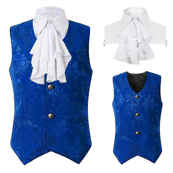 Lilgiuy Men's Halloween Vest Medieval Vintage Solid Color Sleeveless Short Waistcoat with Fake Collar for Party Festival Blue
