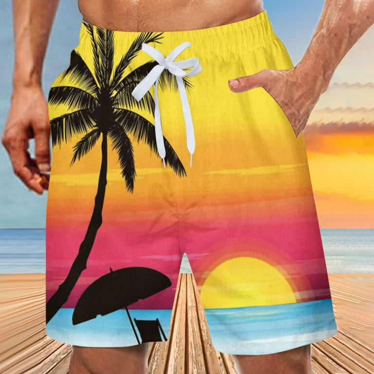 Lilgiuy Men s Hawaiian Beach Shorts Swim Trunks Casual Floral Quick Dry Elastic Waist Drawstring Surf Short with Pocket Hiking Performance Clearance