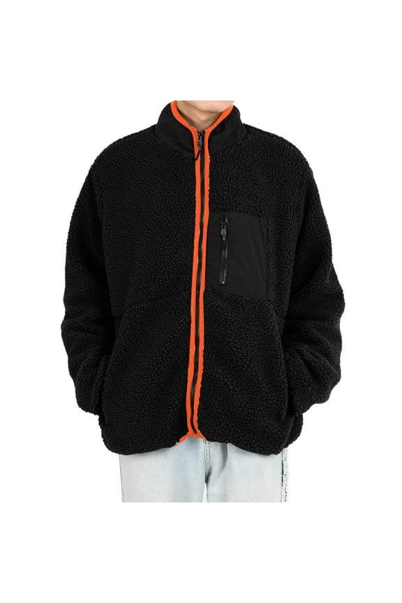 Men's Lamb Fleece Coat Casual Solid Color Long Sleeve Warm Hoodless Zipper Coats Streetwear Loose Jackets Black