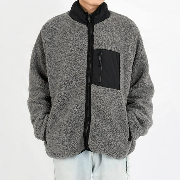 Lilgiuy Men's Lamb Fleece Coat Casual Solid Color Long Sleeve Warm Hoodless Zipper Coats Streetwear Loose Jackets Gray