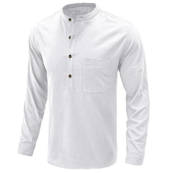 Lilgiuy Men's Linen Long Sleeve Solid Stand Collar V Neck Pullover Shirt Pocket Button Top Creative Gift for Dad Father Husband
