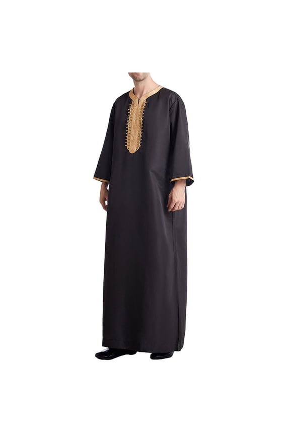 Men's Muslim Robe Arab Middle Robe Long Style 8/4 Sleeve Embroidered Standing Neck Pocket Long Shirt Fashion Casual Robe Creative Gift for Dad Father Husband