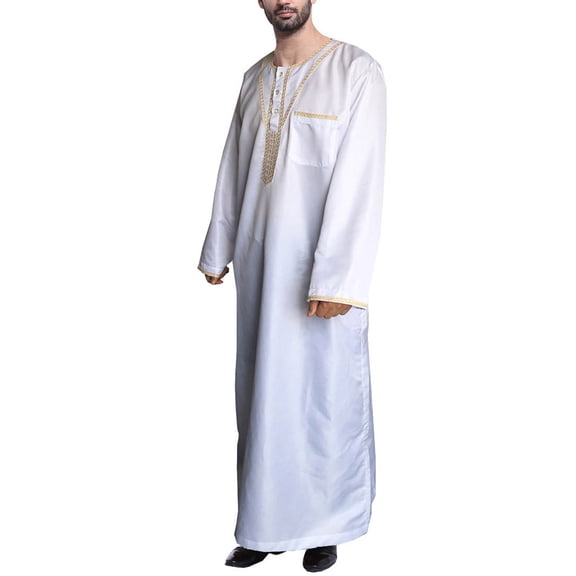 Lilgiuy Men's Muslim Robe Arab Middle Robe Pattern Embroidery Long Sleeve Standing Neck Pocket Long Shirt Fashion Casual Robe for Office Business Work