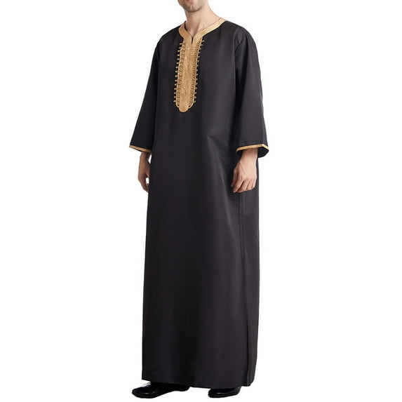 Lilgiuy Men's Muslim Robe Arab Middle Robe Long Style 8/4 Sleeve Embroidered Standing Neck Pocket Long Shirt Fashion Casual Robe for Office Business Work