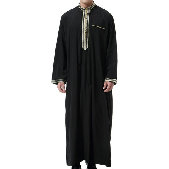 Lilgiuy Men's Muslim Robe Arab Middle Robe Long Style Long Sleeve Embroidered Standing Neck Pocket Long Shirt Fashion Casual Robe Athletic Relax Tee