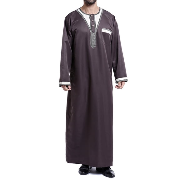 Lilgiuy Men's Muslim Robe Arab Middle Robe Pattern Embroidery Long Sleeve Standing Neck Pocket Long Shirt Fashion Casual Robe Performance Workout Muscle Cut Tee