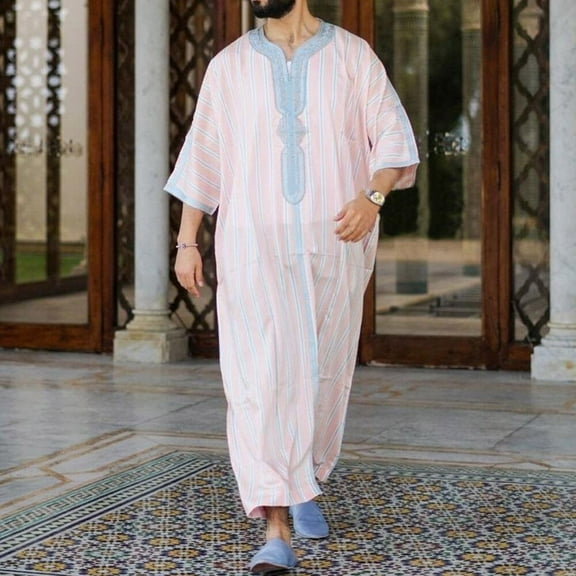 Lilgiuy Men's Muslim Thobe Short Sleeves Robe Vintage Ethnic Style Print V Neck Long Night Gown Shirt Loungewear(Pink,L)