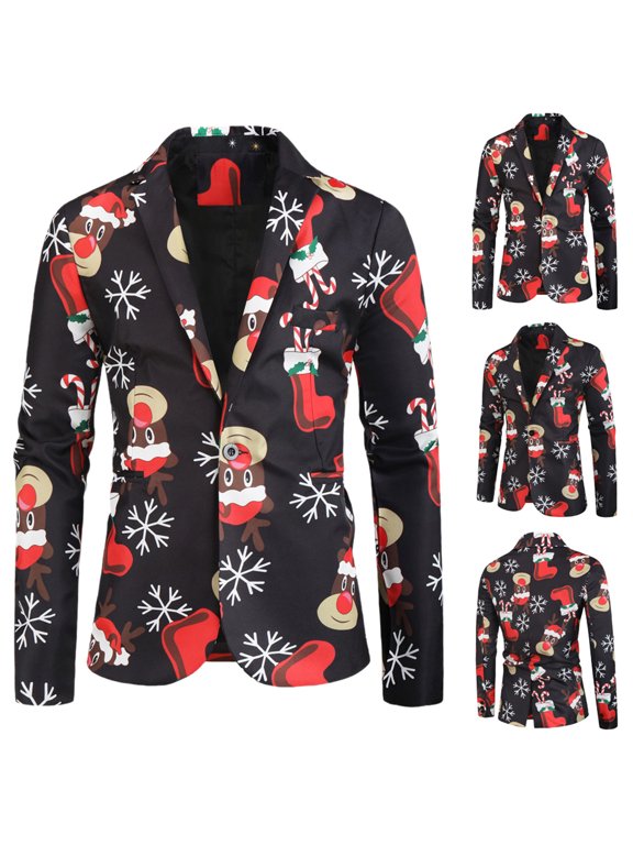 Lilgiuy Men's New Casual Suit 3D Fun Print Christmas Large Size Suit Jacket
