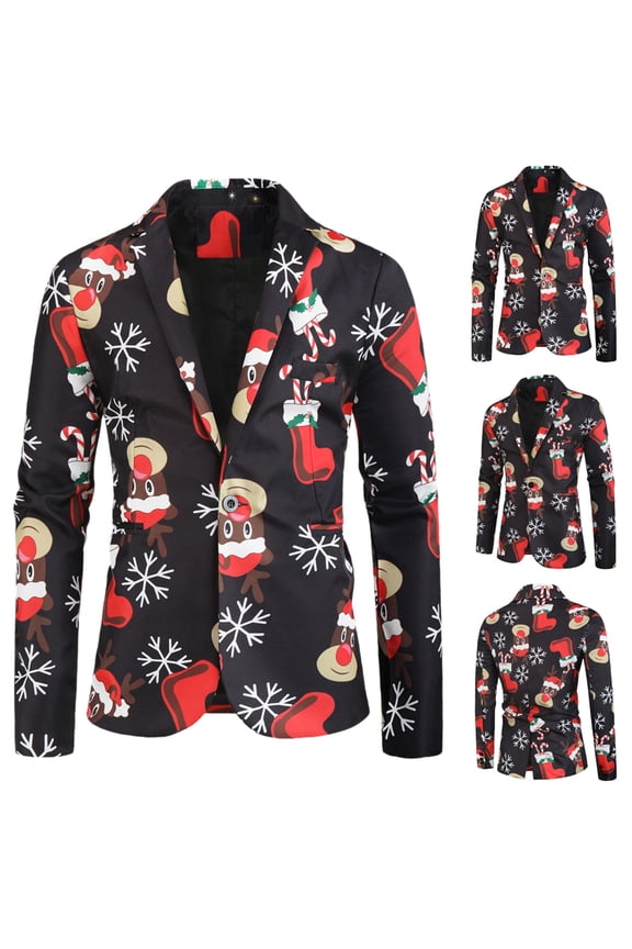 Lilgiuy Men's New Casual Suit 3D Fun Print Christmas Large Size Suit Jacket