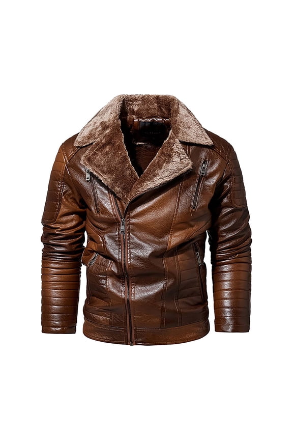 Men's Novelty and Winter Fleece Leather Jacket Casual Top Coat for Workplace Office