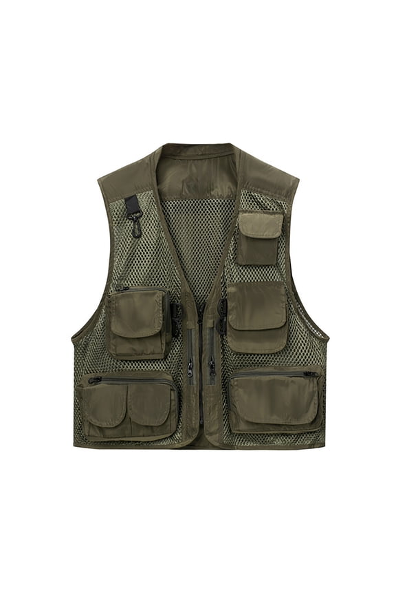Men’s Outdoor Fishing Vest with Multi Pockets Casual Loose Lightweight Mesh Utility Vest for Travel Photography Army Green