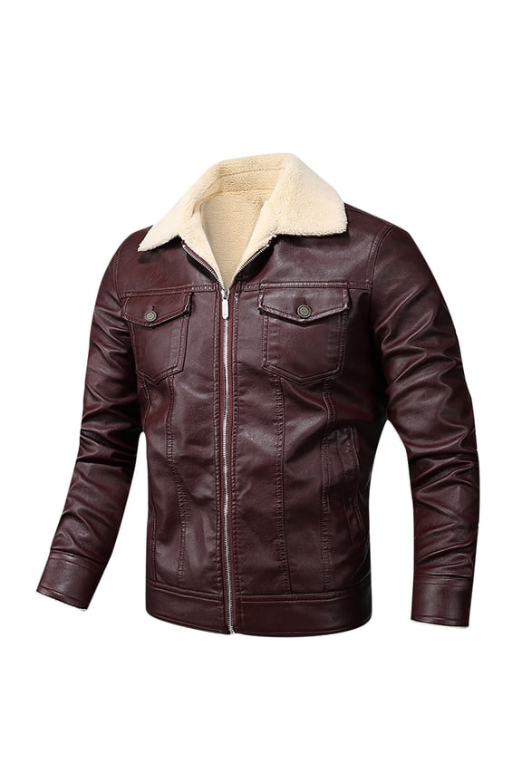Men's Plus Velvet Padded Lapel Casual Zipper Side Seam Pocket Jacket Leather Jacket