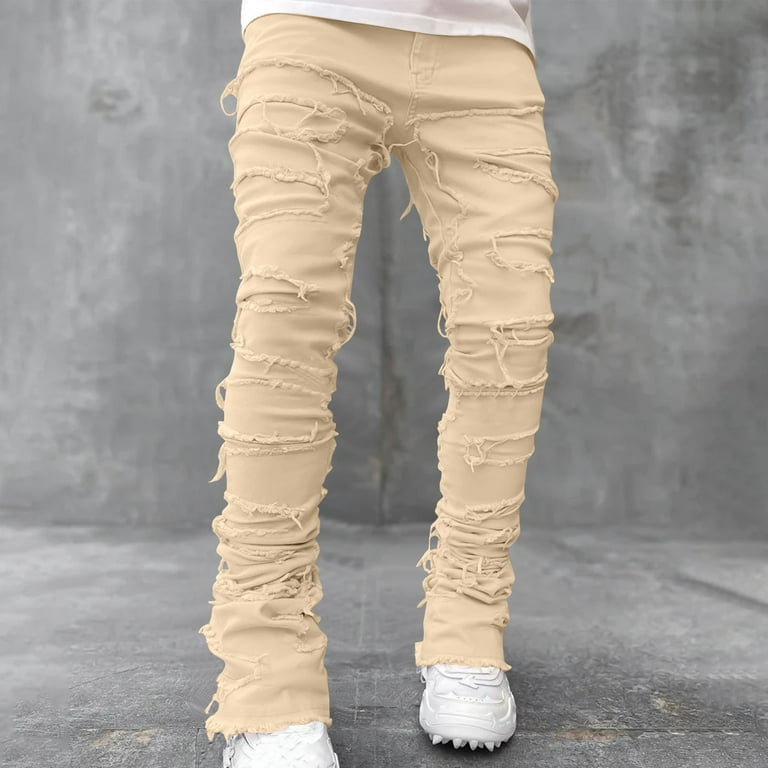 Lilgiuy Men's Regular Fit Stacked Jeans Patch Ripped Skinny
