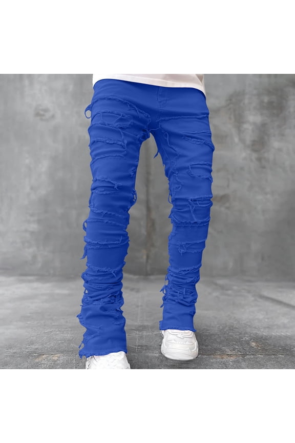 Men's Regular Fit Stacked Jeans Patch Ripped Skinny Distressed Destroyed Zipper Straight Denim Pants for Parties,Streets,Carnival Activities