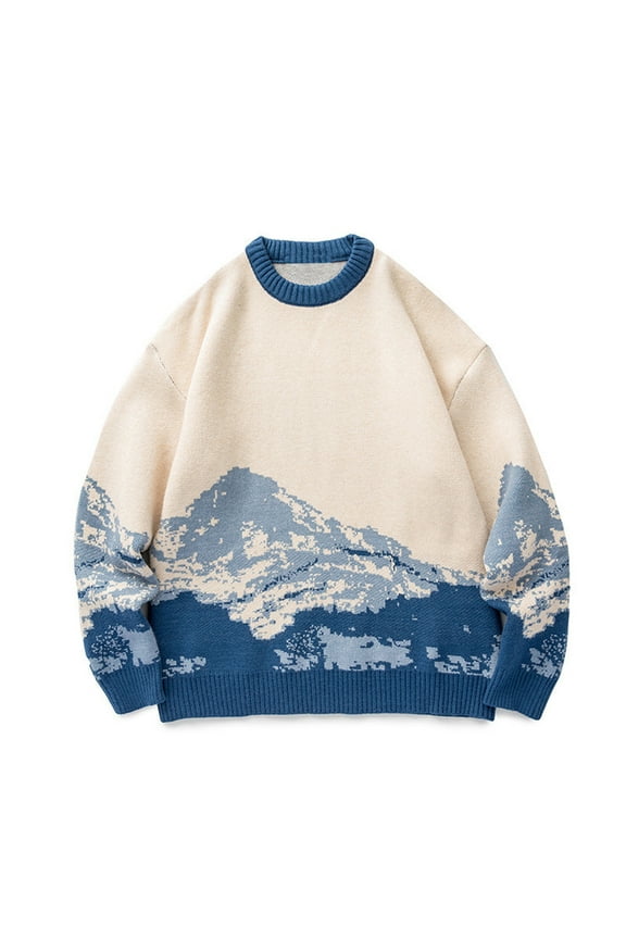 Men's Round Neck Long Sleeve Tie-dyeing Mountain Print Sweater Pullover Knit Top Blue,L(8)