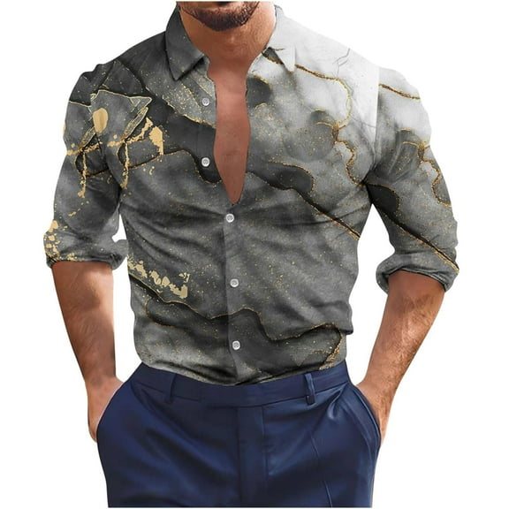 Lilgiuy Men's Slim Fit Dress Shirts Casual Buttons Beach Non-positioning Print Turn Down Short Sleeve Shirt Blouse Outwear