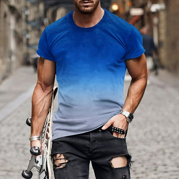 Lilgiuy Men's Slim Fit T-Shirt Casual Crewneck Ombre Color Tee Summer Short Sleeve Gradient Tops Muscle Workout Shirts Gifts for Your Relatives(Blue,M)
