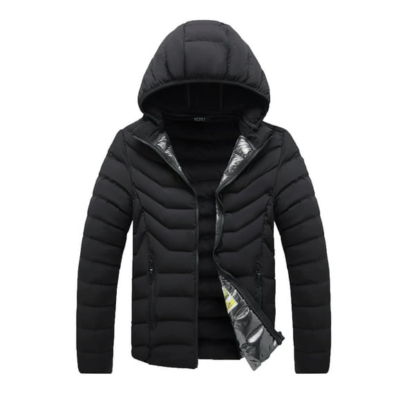 Lilgiuy Men's Sports Thick Jacket Fashion Solid Full Zip Windproof and Cold Detachable Hood Warm Padded Jacket
