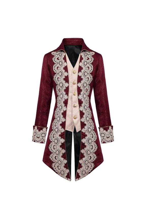 Men's Steampunk Mid-Century Swallow-tailed Coat Patchwork Turn-down Collar Long-sleeved Gothic Victorian Coat Uniform Halloween Costume (Red)