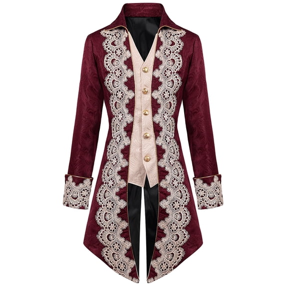 Lilgiuy Men's Steampunk Mid-Century Swallow-tailed Coat Patchwork Turn-down Collar Long-sleeved Gothic Victorian Coat Uniform Halloween Costume (Red)